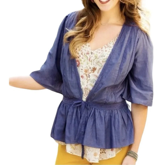 Matilda Jane Hour By Hour Chambray Cotton Boho Mixed Media Lace Trim Cardigan - Picture 3 of 12